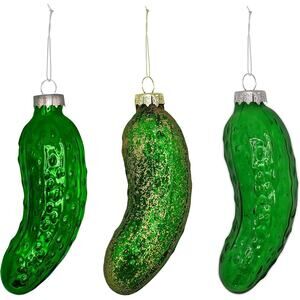 New Set of 3 Green Dill Pickle Christmas Ornaments 4E’s Novelty 4.5” Blown Glass